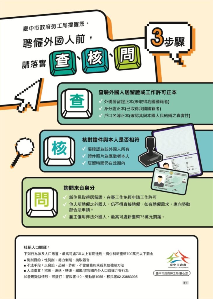 落實「查、核、問」3步驟！　中市勞工局呼籲雇主勿非法聘僱外國人